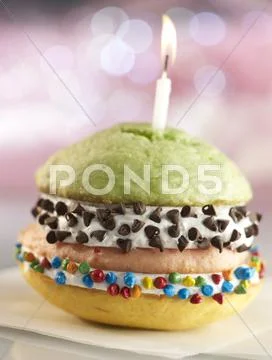 Double Decker Birthday Whoopie Pie with Three Different Flavored Cakes and Stock Photos