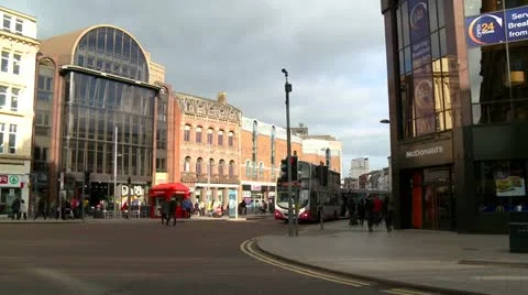 Double Decker Bus, Belfast City Centre Traffic pan Stock Footage 10902759