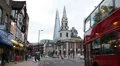 Double Decker Bus Church St George Martyr Shard London Bridge Tower Skyscraper HD Footage