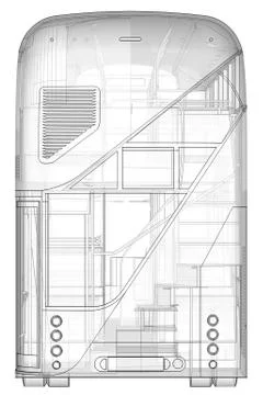 A double-decker bus, a translucent casing under which many interior elements  Stock Illustration