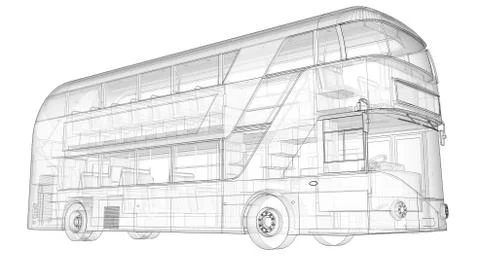 A double-decker bus, a translucent casing under which many interior elements  Stock Illustration