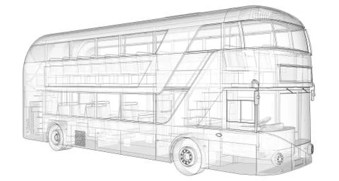 A double-decker bus, a translucent casing under which many interior elements  Stock Illustration