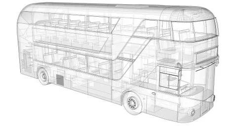 A double-decker bus, a translucent casing under which many interior elements  Illustrazione stock