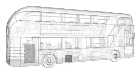 A double-decker bus, a translucent casing under which many interior elements  Stock-Illustration