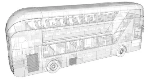 A double-decker bus, a translucent casing under which many interior elements  Stock Illustration