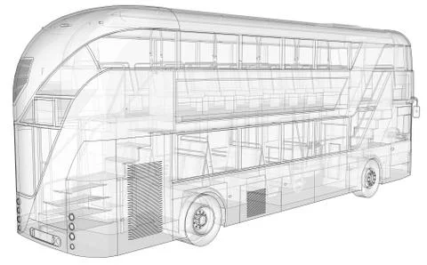 A double-decker bus, a translucent casing under which many interior elements  Stock Illustration