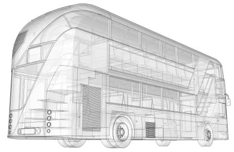 A double-decker bus, a translucent casing under which many interior elements  Stock-Illustration