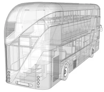 A double-decker bus, a translucent casing under which many interior elements  Stock Illustration