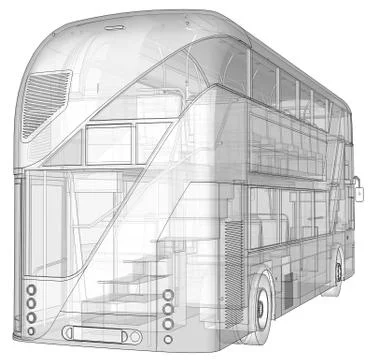 A double-decker bus, a translucent casing under which many interior elements  Stock Illustration