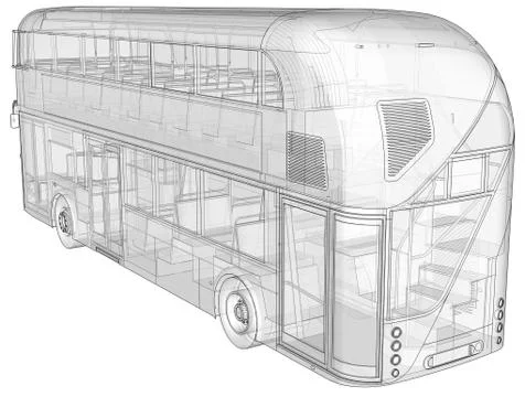 A double-decker bus, a translucent casing under which many interior elements  Stock-Illustration
