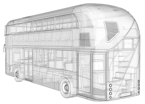 A double-decker bus, a translucent casing under which many interior elements  Stock Illustration