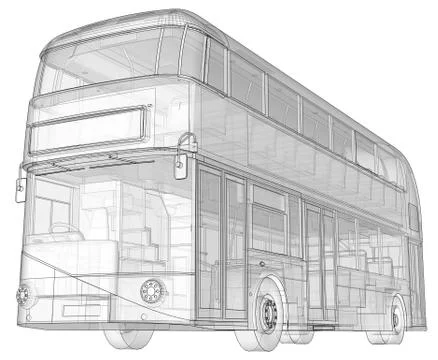 A double-decker bus, a translucent casing under which many interior elements  Illustrazione stock