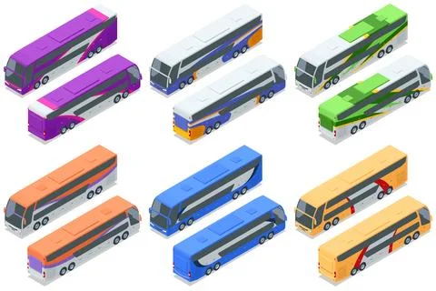 Double-decker buses in multiple colors. Isometric vector illustration of Stock Illustration