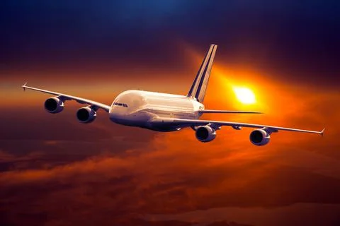 Double decker passenger plane flying during flaming sunset Stock Photos