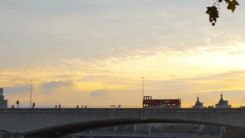 Double decker red bus driving on Westminster Bridge London eye morning view Stock Footage 101428344
