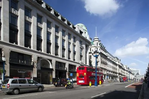 Double Decker Red Buses on Regent Street in Westminster, London Stock Photos