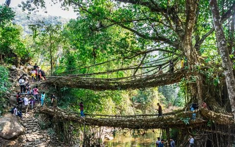 Double decker root bridge crowded with tourist at morning from unique angle 스톡 사진