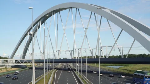 Double Decker train passing on the train bridge Stock Footage 112034868