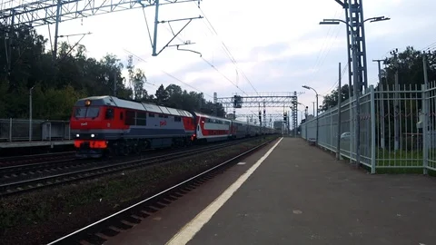 Double-decker train at the railway station near Moscow Stock Footage 114769593
