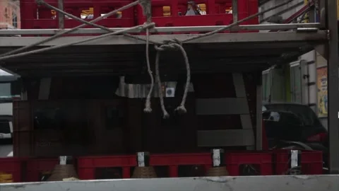 Double decker truck with red crates on it naples napoli italy driving on road Stock Footage 252148598