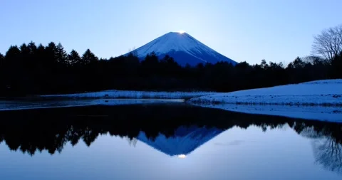 Double Diamond Fuji reflecting on Ryujin Pond at Lake Motosuko Resort in early Stock Footage 337451616