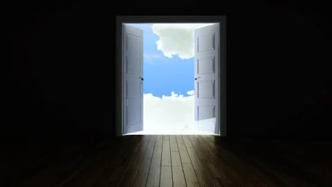 Double door opening to the clouds from the dark empty room 3D rendering Stock Illustration