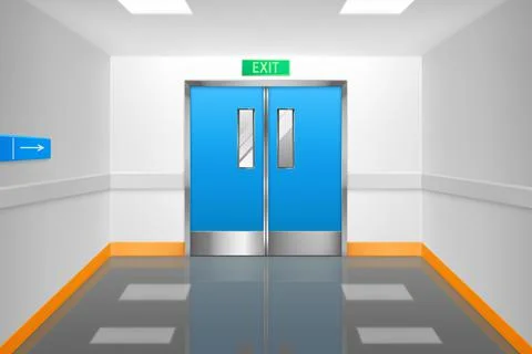 Double doors and exit sign in hospital corridor Stock Illustration