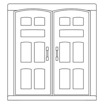 Double doors outline with door knobs isolated on white background. Clipart. Stock Illustration