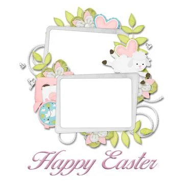 Double easter frame with flowers and sheep in pastel colors, happy easter  Illustrazione stock
