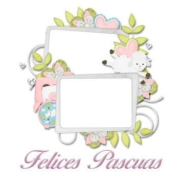 Double easter frame with flowers and sheep in pastel colors, happy easter  Illustrazione stock