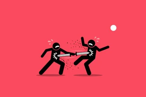 Double edged sword concept. Vector artwork depict a stick figure man stab his イラスト素材