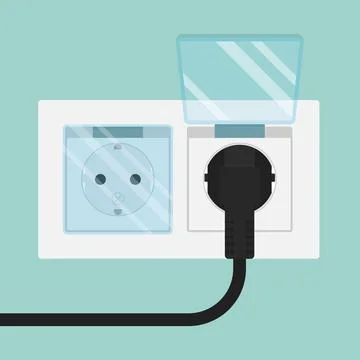 Double electrical wall socket with protective covers and plug 库存插图