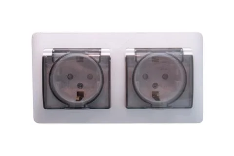 Double electrical wall socket with protective cover isolated on white backgro Stock Photos