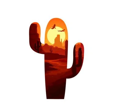 Double exposition of cactus and mexican desert Stock Illustration