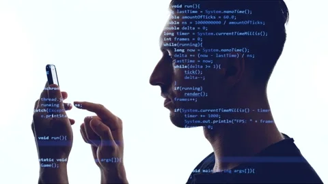Double exposition of man programmer using smartphone with blue code on him Stock Footage 109138179