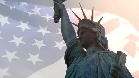 Double exposure with American flag waving and statue of liberty Stock Footage 108900461