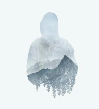 Double exposure backpacker and mountains. Stock Photos
