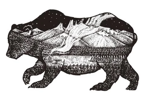 Double exposure. bear with mountains, space and forest. Abstract wild animal for 스톡 일러스트
