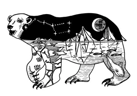 Double exposure. bear with mountains, space and forest. Abstract wild animal for 스톡 일러스트