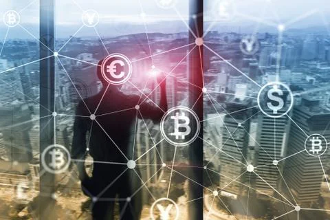 Double exposure Bitcoin and blockchain concept. Digital economy and currency  Stock Photos