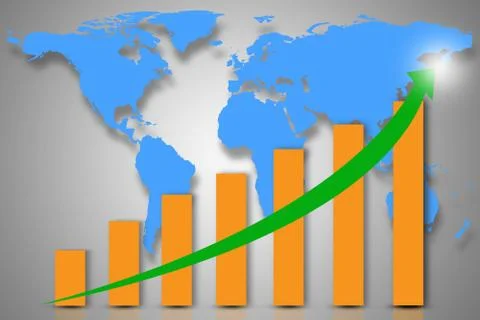 Double exposure with blue world map with downward bar graph from business and Stock Photos