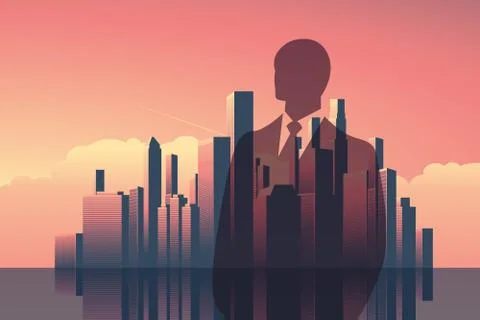 Double exposure business concept vector background. Businessman in front of Stock Illustration