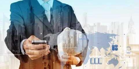 Double exposure of business engineer and abstract city as concept Stock Illustration