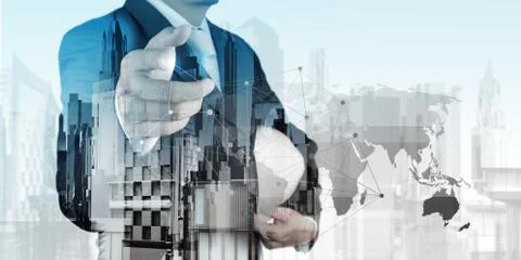 Double exposure of business engineer and abstract city as concept Stock Illustration