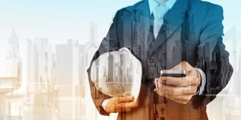 Double exposure of business engineer and abstract city as concept Stock Illustration