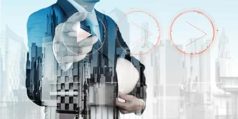 Double exposure of business engineer press play button sign to start or initi 스톡 일러스트