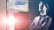 Double Exposure Business Man In Suit, Modern City Office Background Professional Stock Footage
