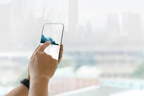 Double exposure business man using cell phone with buildings technology and.. Stock Photos
