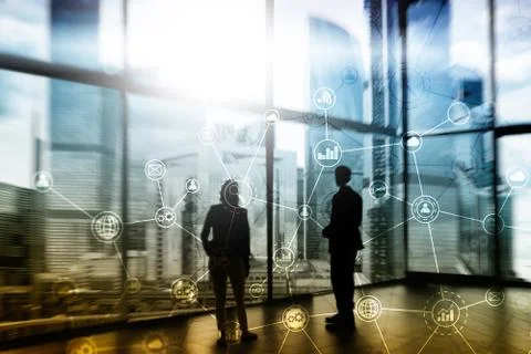 Double exposure Business organization structure on blurred background. Stock Illustration