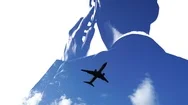 Double Exposure Of Business Using Smart Phone And Airplane Flying On Blue Sky Stock Footage